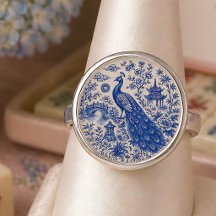 Elegante Estilo Porcelana Mahjong Pavo Real Azul