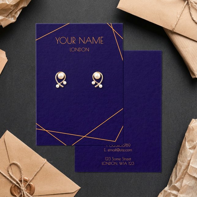 Anillo geométrico azul y naranja (Blue and orange geometric earring display card.)