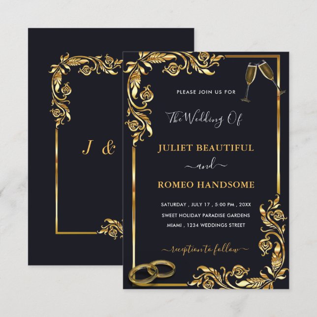 Anillos de Oro y Champán Tu Invitación de Boda (Anverso / Reverso)