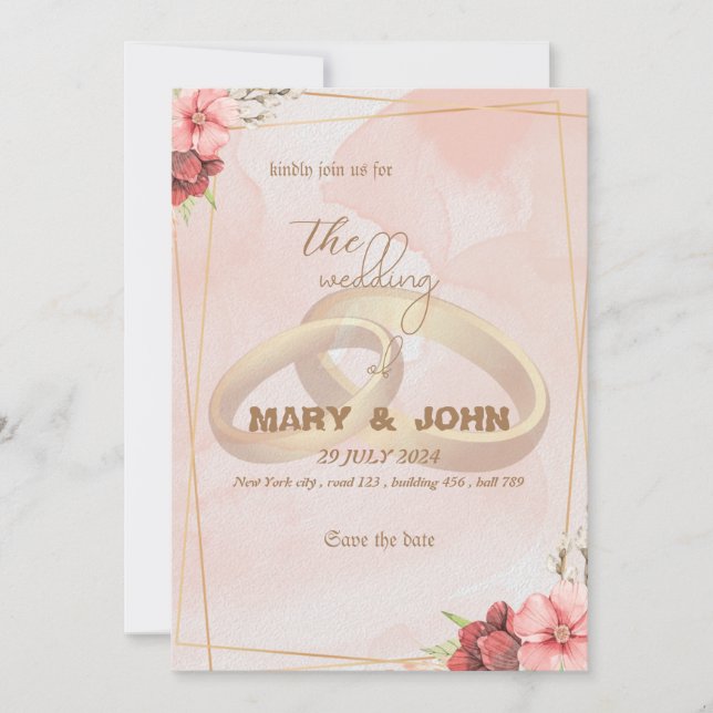 Anillos dorados y elegancia floral - invitación a  (Anverso)