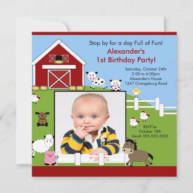 Animales Barn Fun1st Invitación a foto de cumpleañ (Anverso)