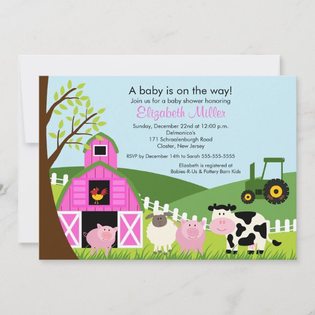 Animales Barnyard Invitación Baby Shower Chica ros (Anverso)