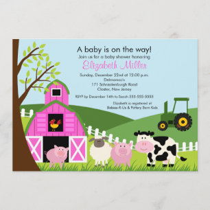Animales Barnyard Invitación Baby Shower Chica ros