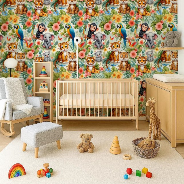 Animales Bebés de la Jungla Papel Pintado para Gua (Baby Jungle Animals Tropical Nursery Wallpaper)