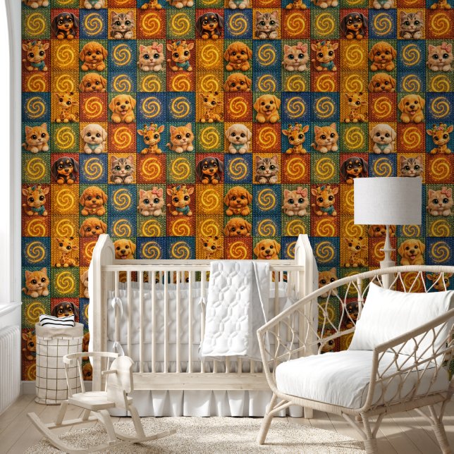 Animales bebés lindos papel pintado estilo tejido  (Niños)