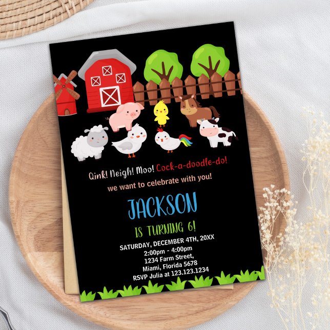Animales Blue Black Red Farm Invitaciones de cumpl (Blue Black Red Farm Animals Birthday Invitations)