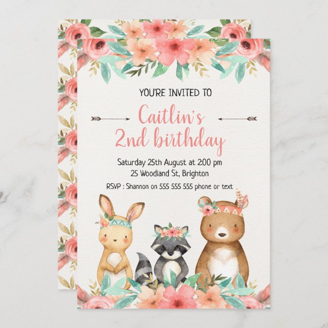 Animales Boho Woodland Invitación de cumpleaños (Anverso / Reverso)