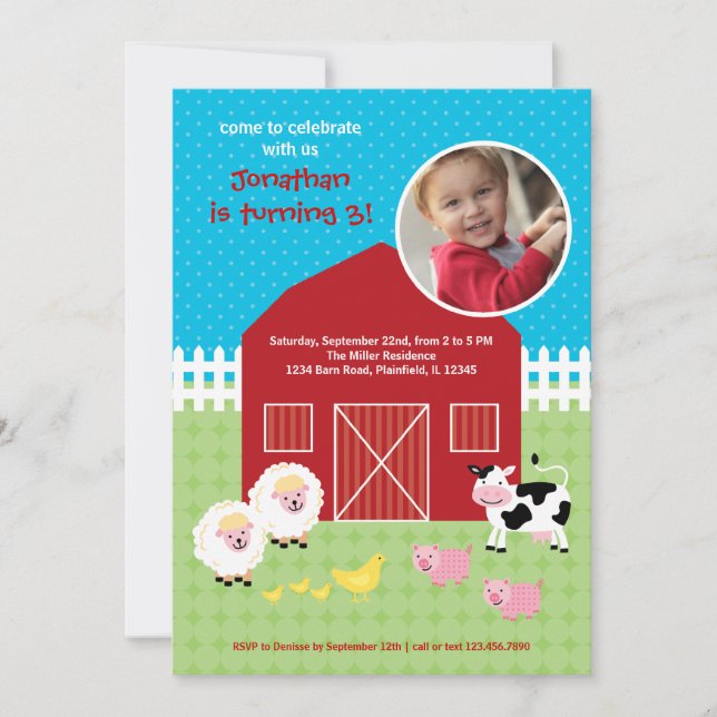 Animales de Barn Invitación a foto de cumpleaños (Anverso)