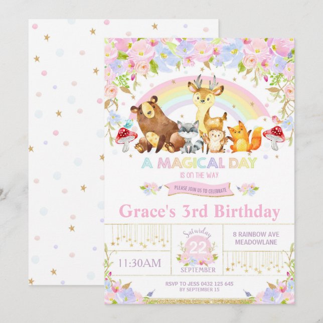 Animales de Floral Woodland Invitación a fiesta de (Anverso / Reverso)