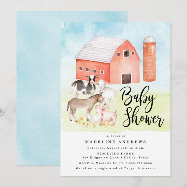 Animales de granja acuarela| Invitación de Baby Sh (Anverso / Reverso)