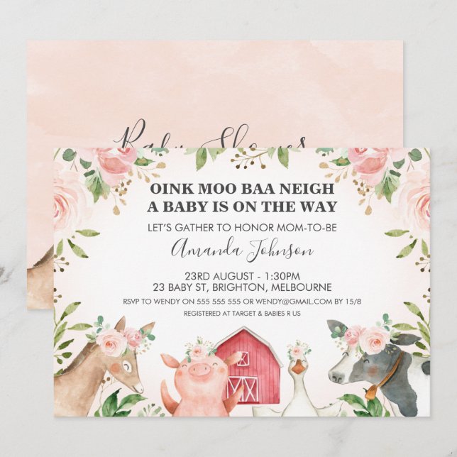 Animales de granja Invitación a Baby Shower con fl (Anverso / Reverso)
