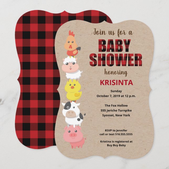 Animales de granja Invitación a Baby Shower de car (Anverso / Reverso)