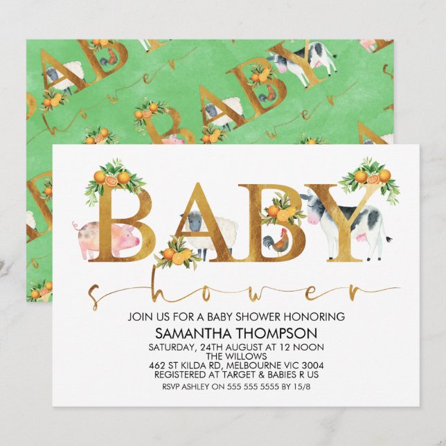 Animales de granja Invitación a Baby Shower Word (Anverso / Reverso)