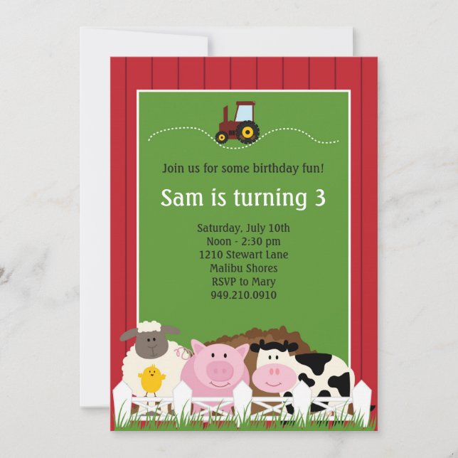 Animales de granja Invitación a fiesta de cumpleañ (Anverso)
