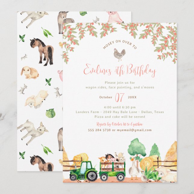Animales de granja Invitación a fiesta de cumpleañ (Anverso / Reverso)