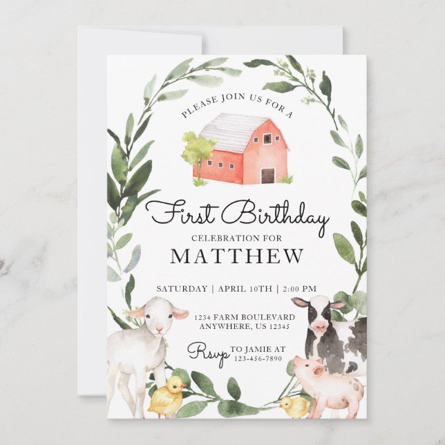 Animales de granja Invitación de cumpleaños para u (Anverso)