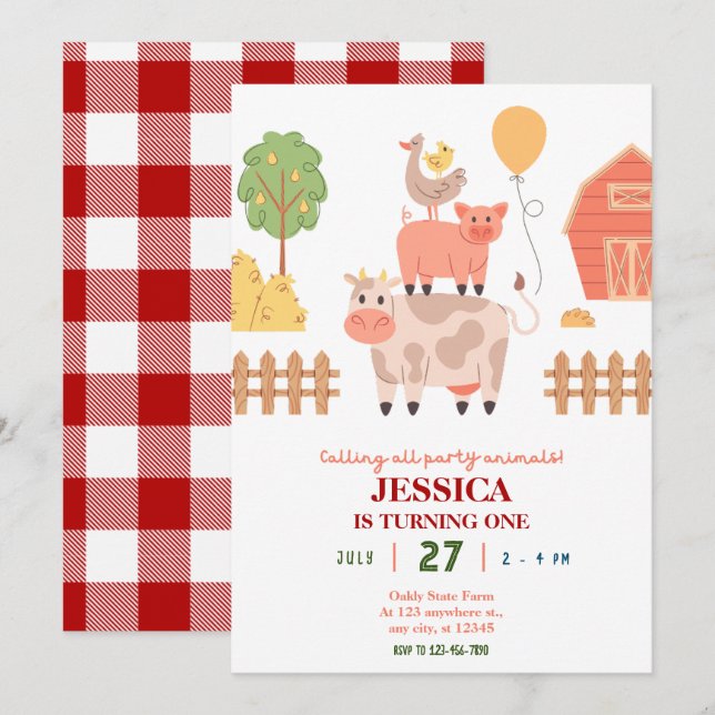 Animales de granja Invitación de primer cumpleaños (Anverso / Reverso)