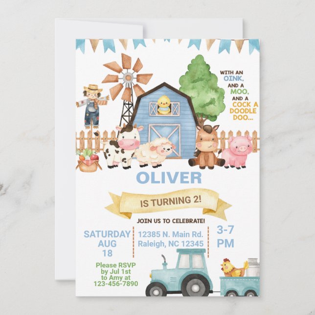 Animales de granja niño CUALQUIER invitación de cu (Anverso)