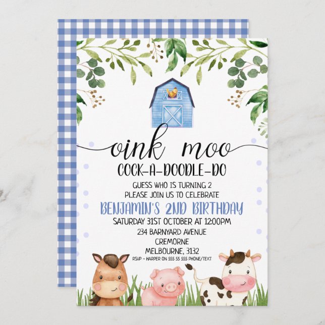 Animales de granja Oink Moo Invitación al cumpleañ (Anverso / Reverso)
