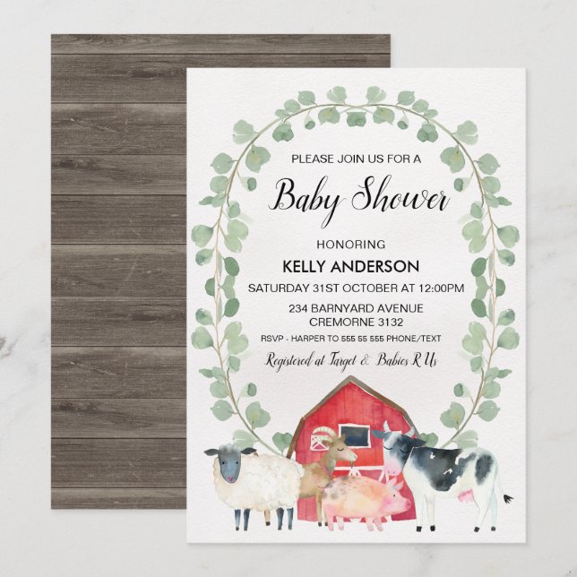Animales De Granja Vieron Invitación Baby Shower (Anverso / Reverso)