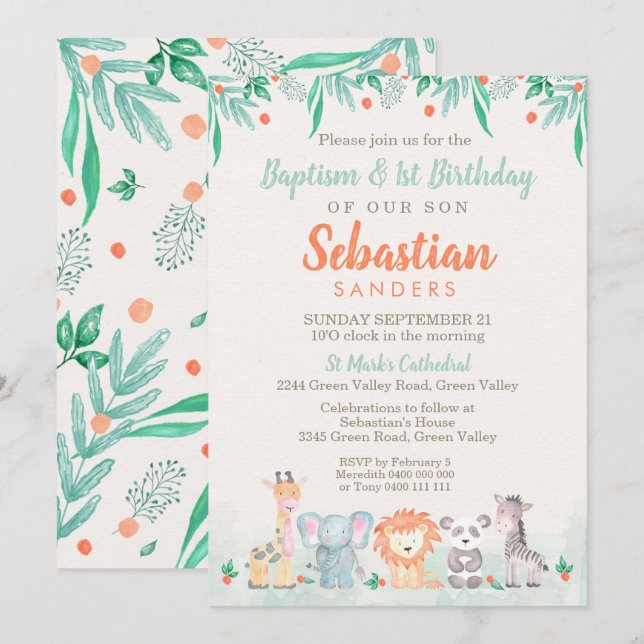 Animales de la jungla Bautismo Invitación de prime (Anverso / Reverso)