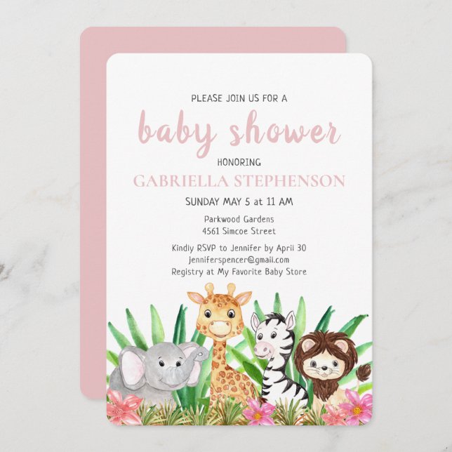 Animales de la jungla Invitación de Baby Shower ro (Anverso / Reverso)