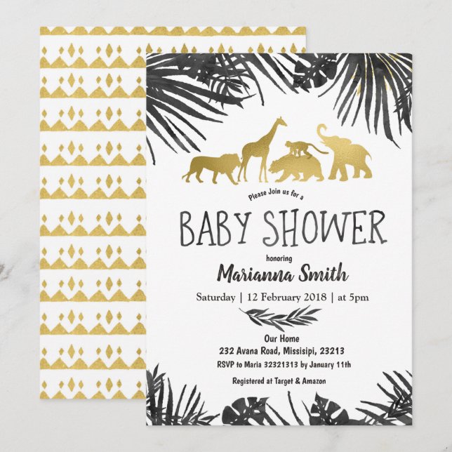 Animales de la selva Baby Shower Invitación al oro (Anverso / Reverso)