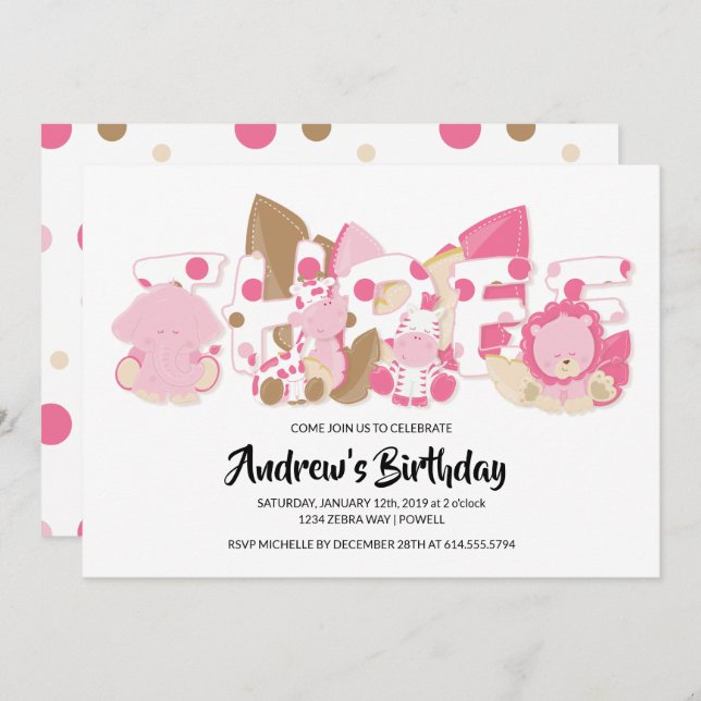 Animales de Safari Rosa Invitación a la fiesta de  (Anverso / Reverso)