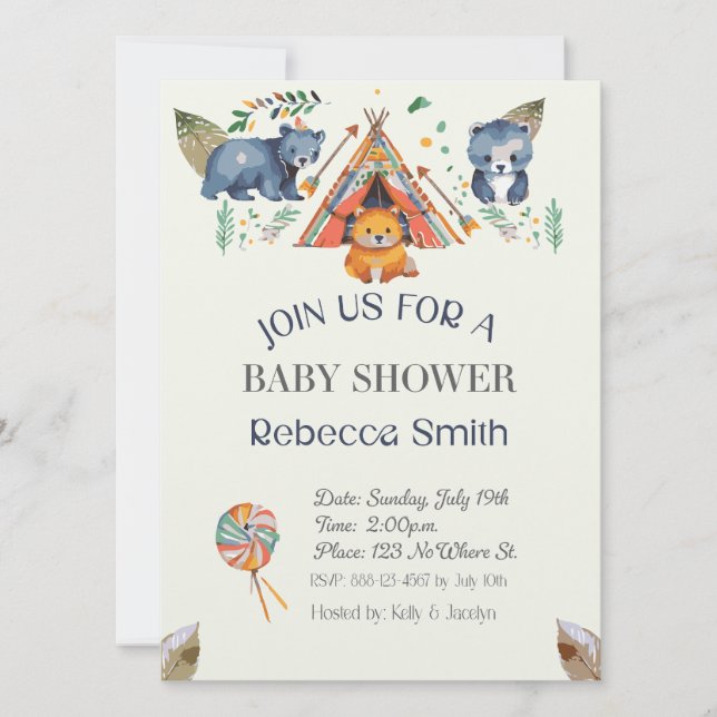 Animales de Woodland Boho Invitación de Baby Showe (Anverso)