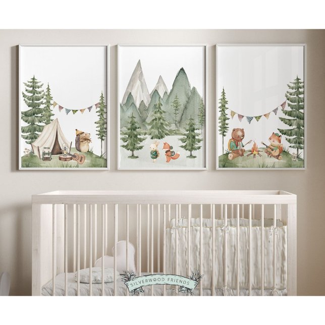 Animales de Woodland Camping Impresiones de guarde (Watercolour Animals Camping Nursery Prints with woodland forest animals and mountain landscape)
