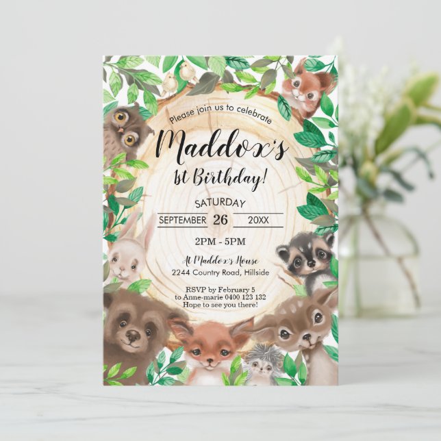 Animales de Woodland Invitación al cumpleaños Verd (Anverso de pie)
