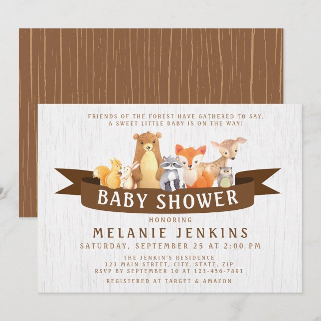 Animales de Woodland Invitación Baby Shower Neutra (Anverso / Reverso)