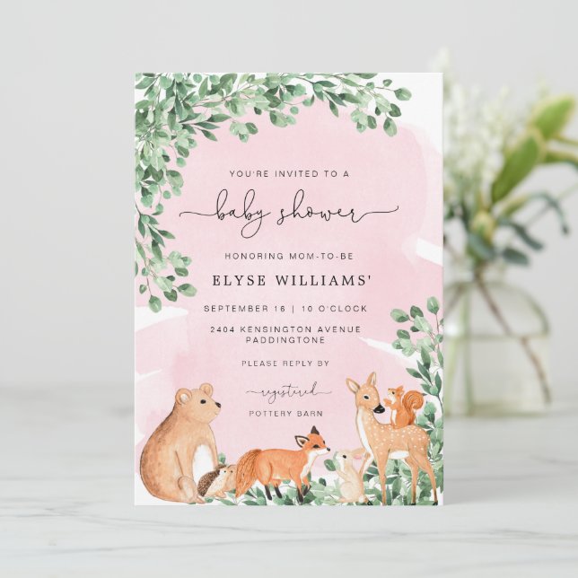 Animales de Woodland Invitación rosa a Baby Shower (Anverso de pie)