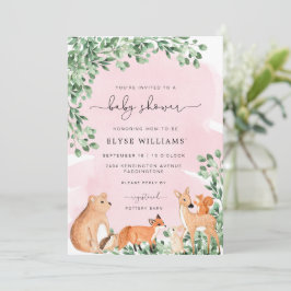 Animales de Woodland Invitación rosa a Baby Shower