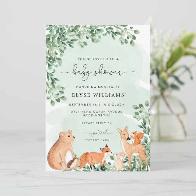 Animales de Woodland Invitación verde a Baby Showe (Anverso de pie)