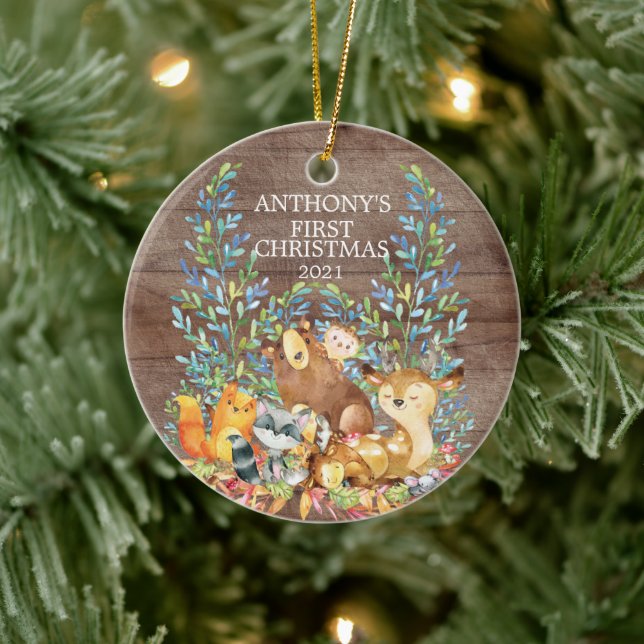 Animales de Woodland primer ornamento navideño par (Árbol)