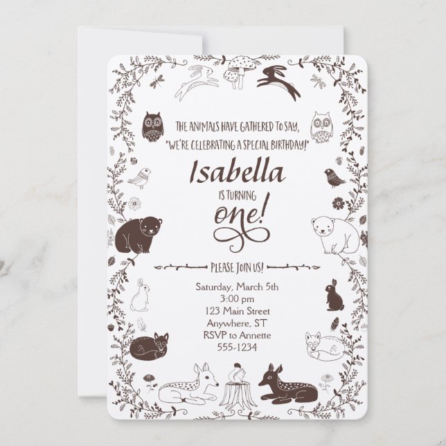 Animales de Woodland Primera Invitación de Cumplea (Anverso)