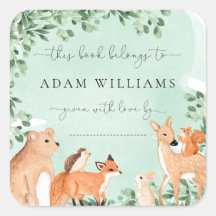 Animales del Bosque Calcomanía de Ex Libris Verde