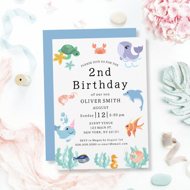 Animales del mar Niños Invitación a la fiesta de c (Sea Animals Kids 2nd Birthday Party Invitation)