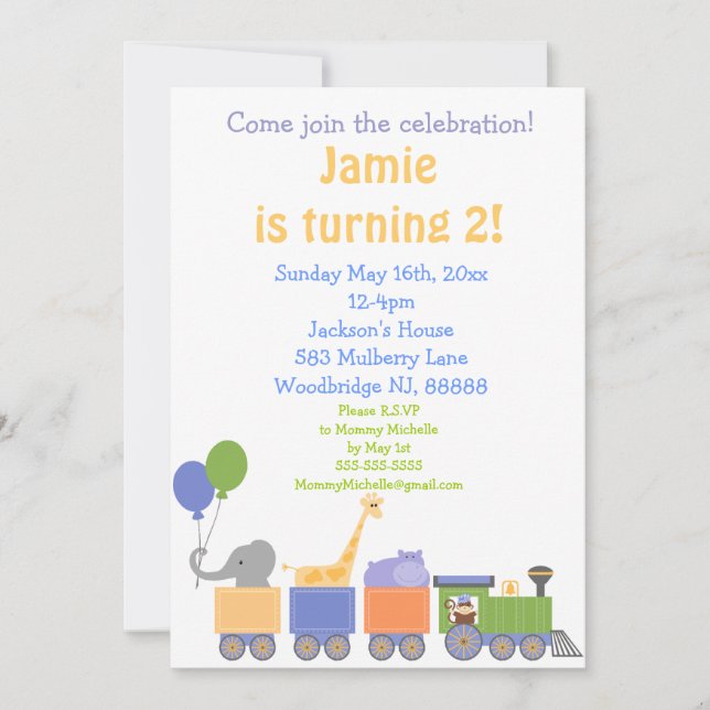 Animales En Invitaciones De Cumpleaños En Tren (Anverso)