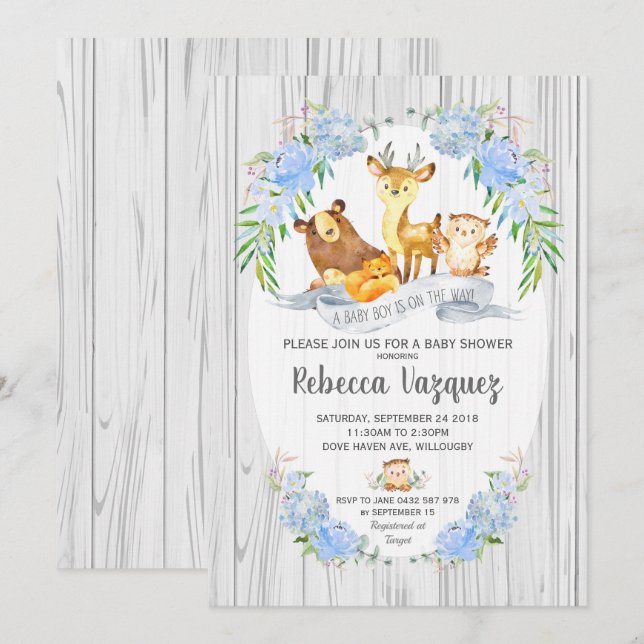 Animales Floral Woodland Animals Invitación a Baby (Anverso / Reverso)