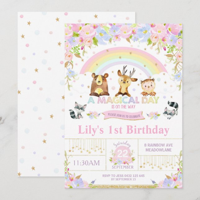 Animales Floral Woodland Invitación a fiesta de cu (Anverso / Reverso)