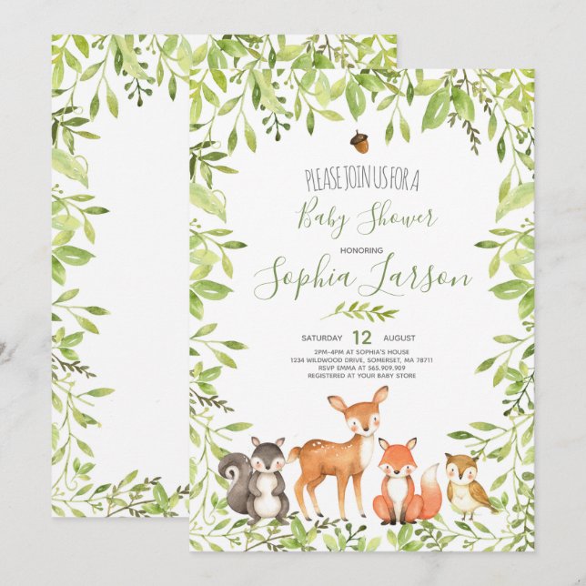 Animales forestales de Invitación a la Baby Shower (Anverso / Reverso)