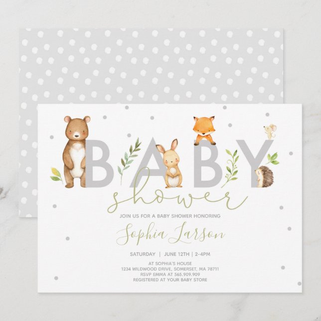 Animales forestales de Invitación a la Baby Shower (Anverso / Reverso)