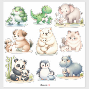 Animales Kawaii adorables: bebé y madres Pegatinas