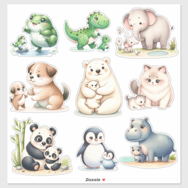 Animales Kawaii adorables: bebé y madres Pegatinas (Hoja)