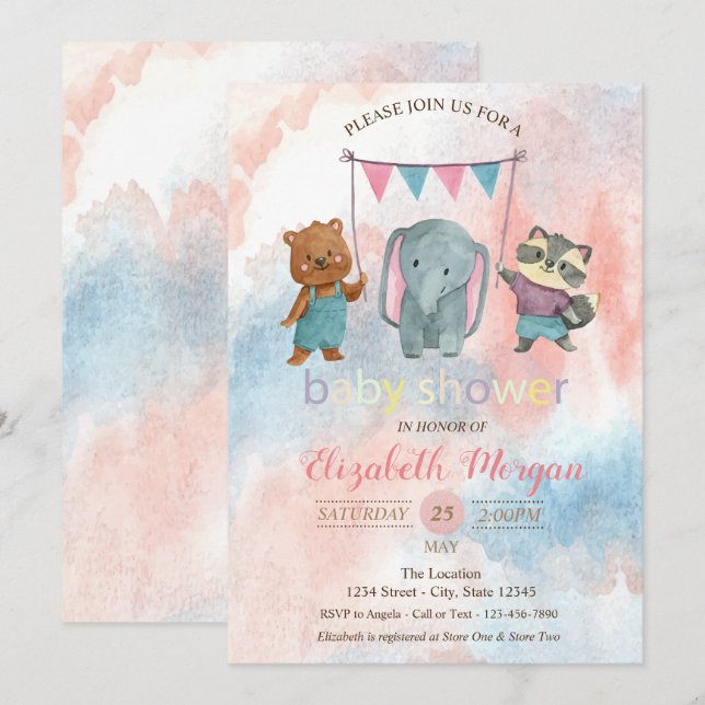 Animales Lindos, Invitación de Baby Shower de Acua (Anverso / Reverso)