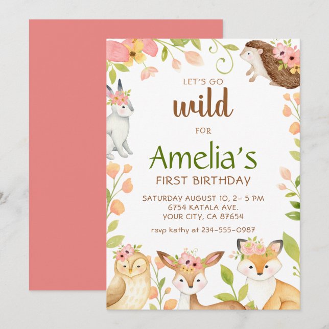 Animales Pink Wild Woodland Invitación de primer c (Anverso / Reverso)