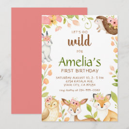 Animales Pink Wild Woodland Invitación de primer c