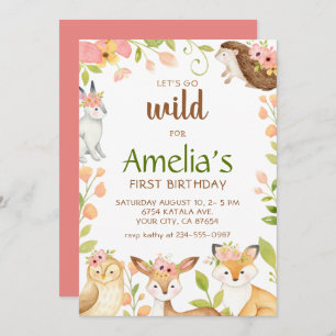 Animales Pink Wild Woodland Invitación de primer c